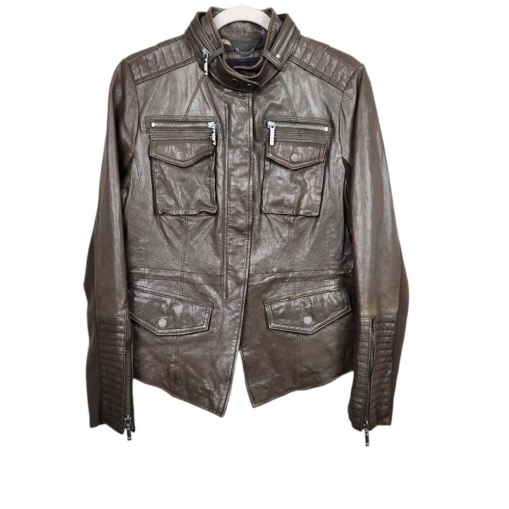 BCBGMaxAzria Olive 100% Leather Moto Biker Leather Jacket Women's Size Large